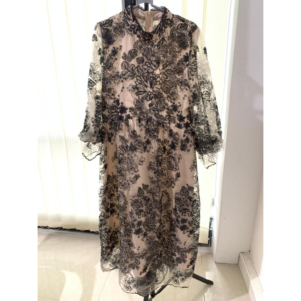 DRESS PESTA KONDANGAN MEWAH BAHAN BROKAT INNER WARNA COKLAT TILE RENDA HITAM