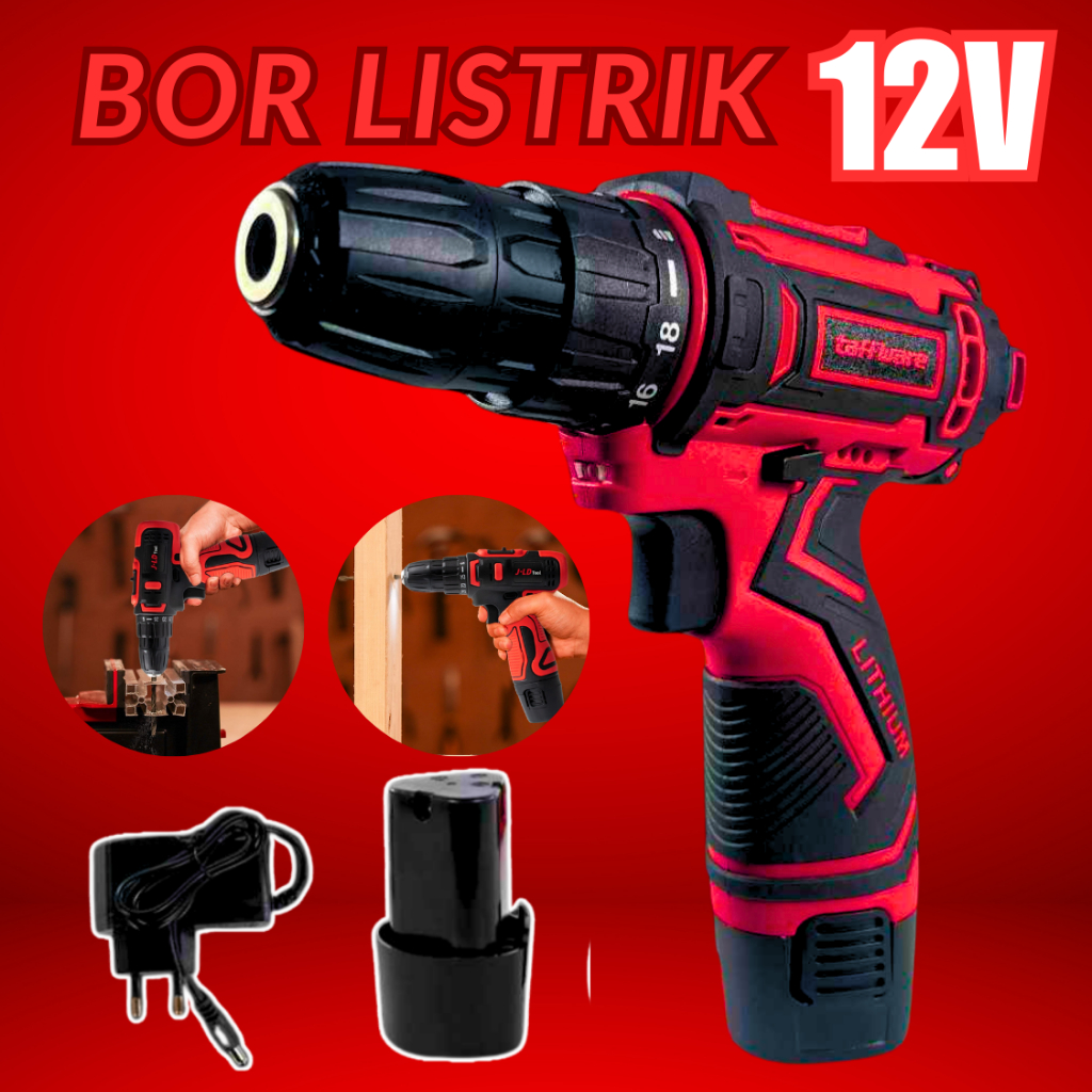 PROMO Taffware Bor Listrik Cordless 12V di cas Battery Lithium