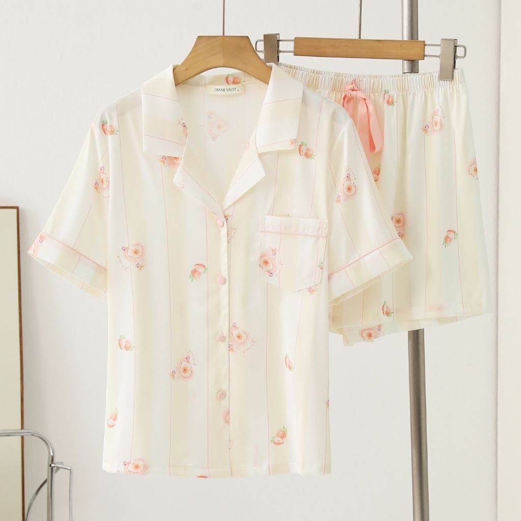 baju tidur piyama hotpants diane sally motif bunga apricot satin premium