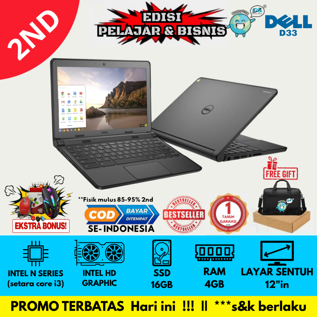 Laptop Dell Chromebook D33 | Tipis & Ringan | Cocok Untuk Sekolah & Kerja | Dell Chromebook 11 P22T
