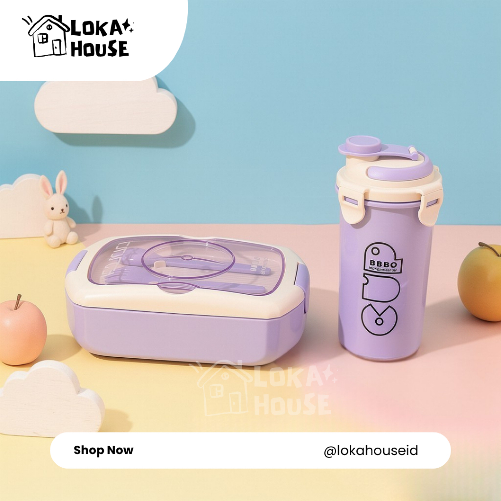 Loka House | [1 SET] Cute Purple Lunch Box & Bottle Set – Kotak Makan Anak + Botol Minum 1 Set - Kid