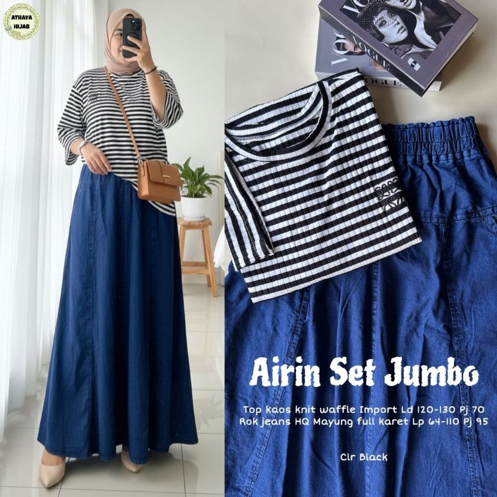 Airin Set Kaos Salur Mix Rok Jeans Mayung (Athaya)