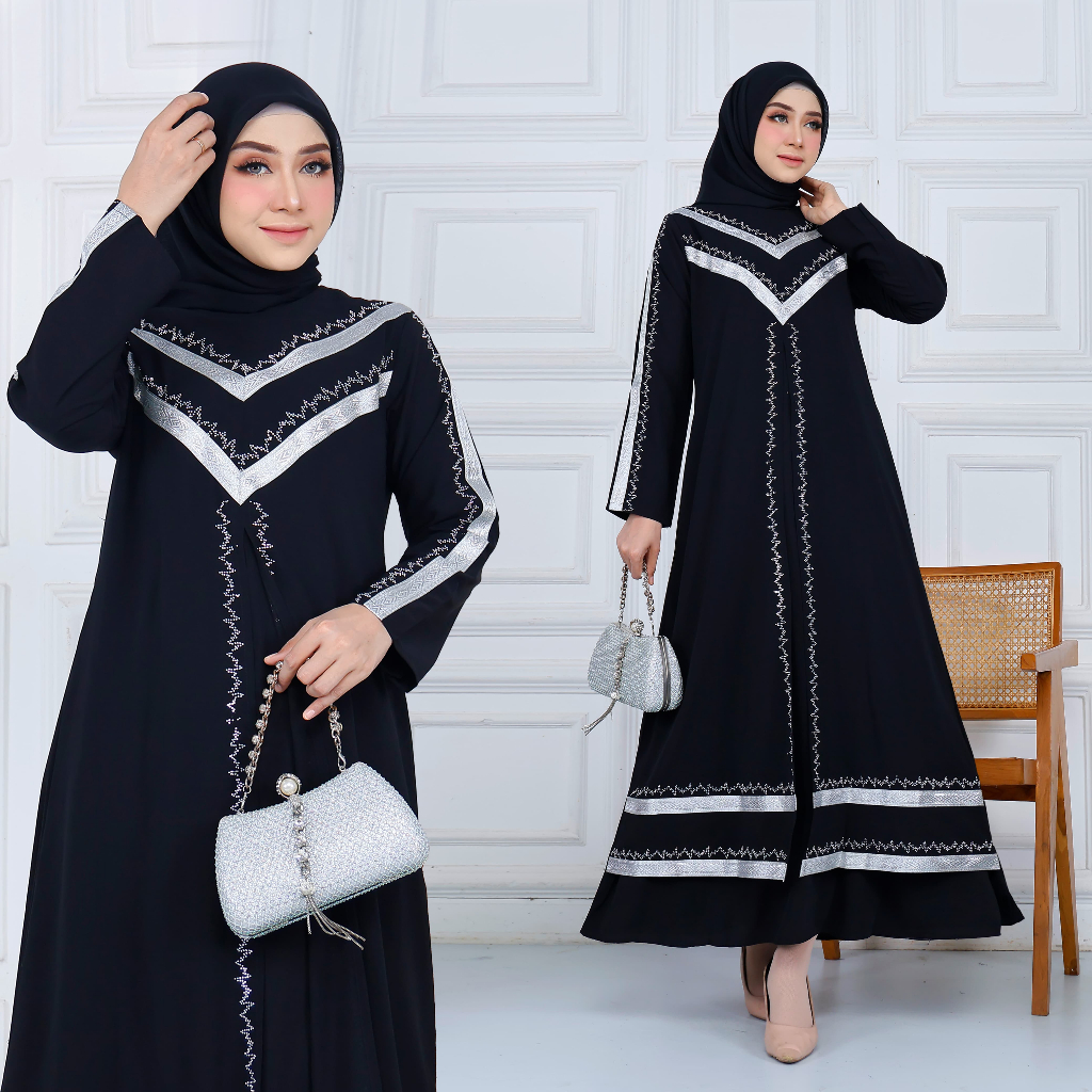 GAMIS ABAYA NADIRA // ABAYA WANITA BORDIR SILVER SIMPLE COCOK UNTUK ACARA SPESIAL SIZE M-XXL