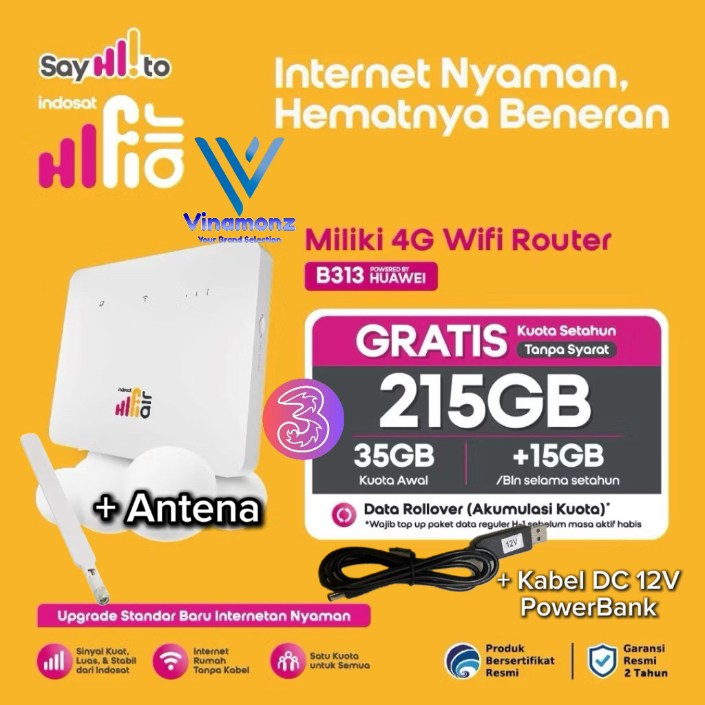 HiFi Air 4G B313 Modem Router WiFi Kartu Sim Unlock All Operator Bundling 215GB