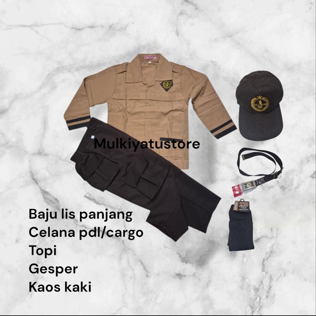 SERAGAM SD SET PRAMUKA SIAGA BAJU PANJANG, CELANA PDL/KARGO PANJANG, TOPI, GESPER, DAN KAOS KAKI