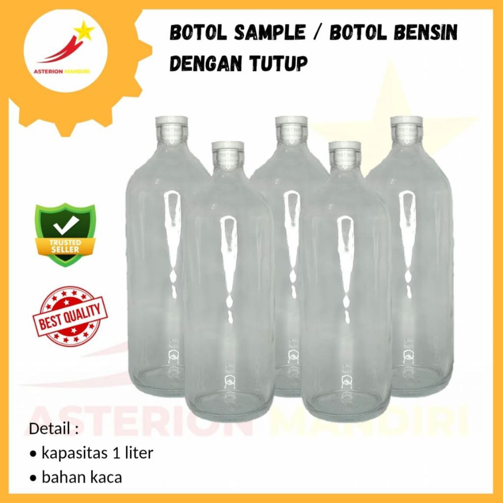 Botol Sample BBM / Botol Kaca 1 Liter - Tahan Panas, Tutup Karet, Desain Bening