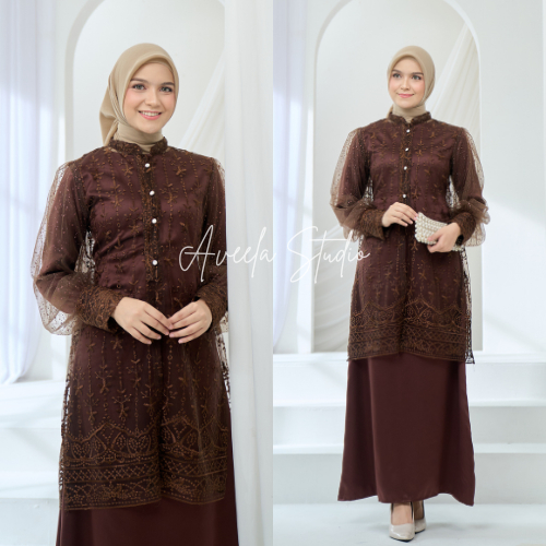 Thalia Gamis Pesta Mewah Elegan Kombinasi Brokat Mahogany Burgundy Dress Kondangan Aplikasi Payet Mu