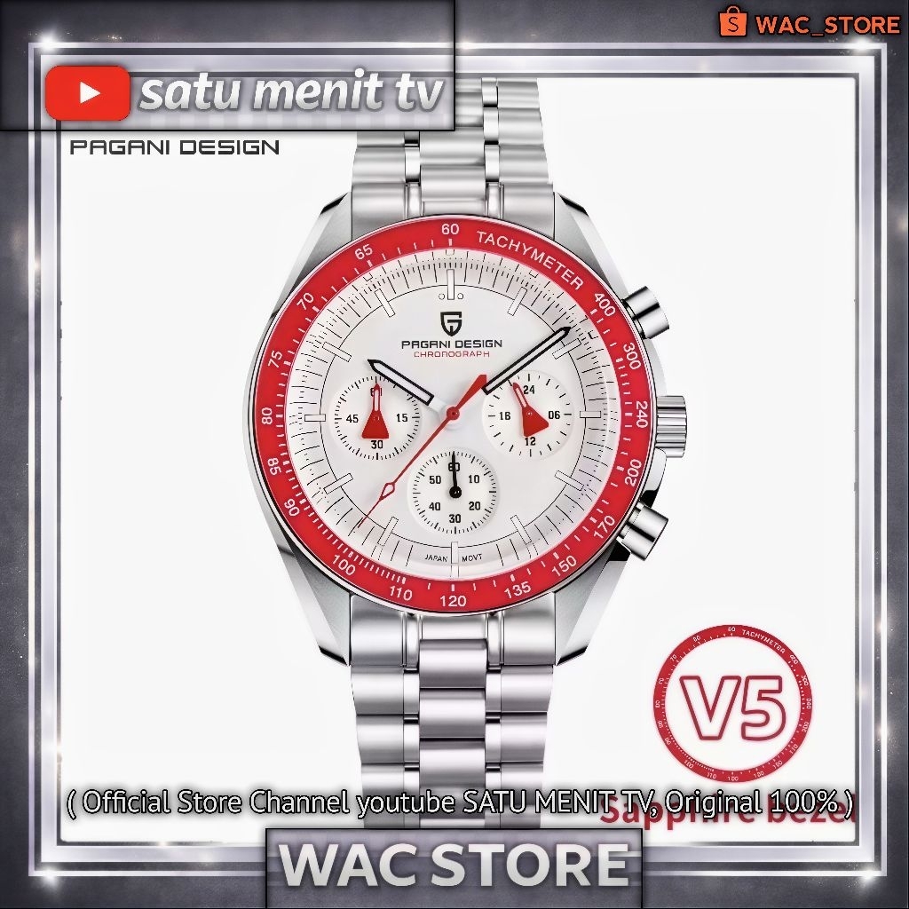 NEW PAGANI DESIGN SPEEDMASTER RED WHITE SEIKO VK63 MECAQUARTZ STEEL SOLID 316 L SAFIR DOME + AR COAT