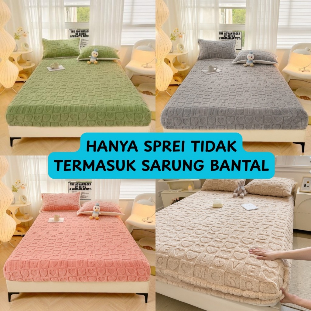 Sprei Bludru Tebal Motif Love timbul Premium - Sprei anti geser High Quality