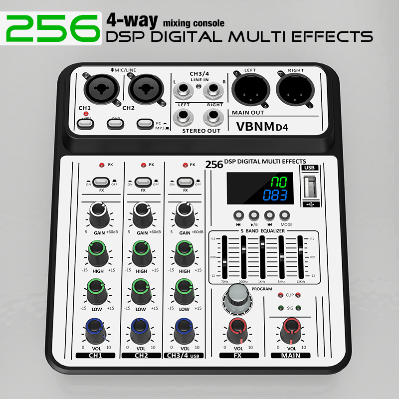 VBNM 256 efek, mixer audio 4 channel, soundcard mini USB Bluetooth mixer, cocok untuk pertunjukan lu