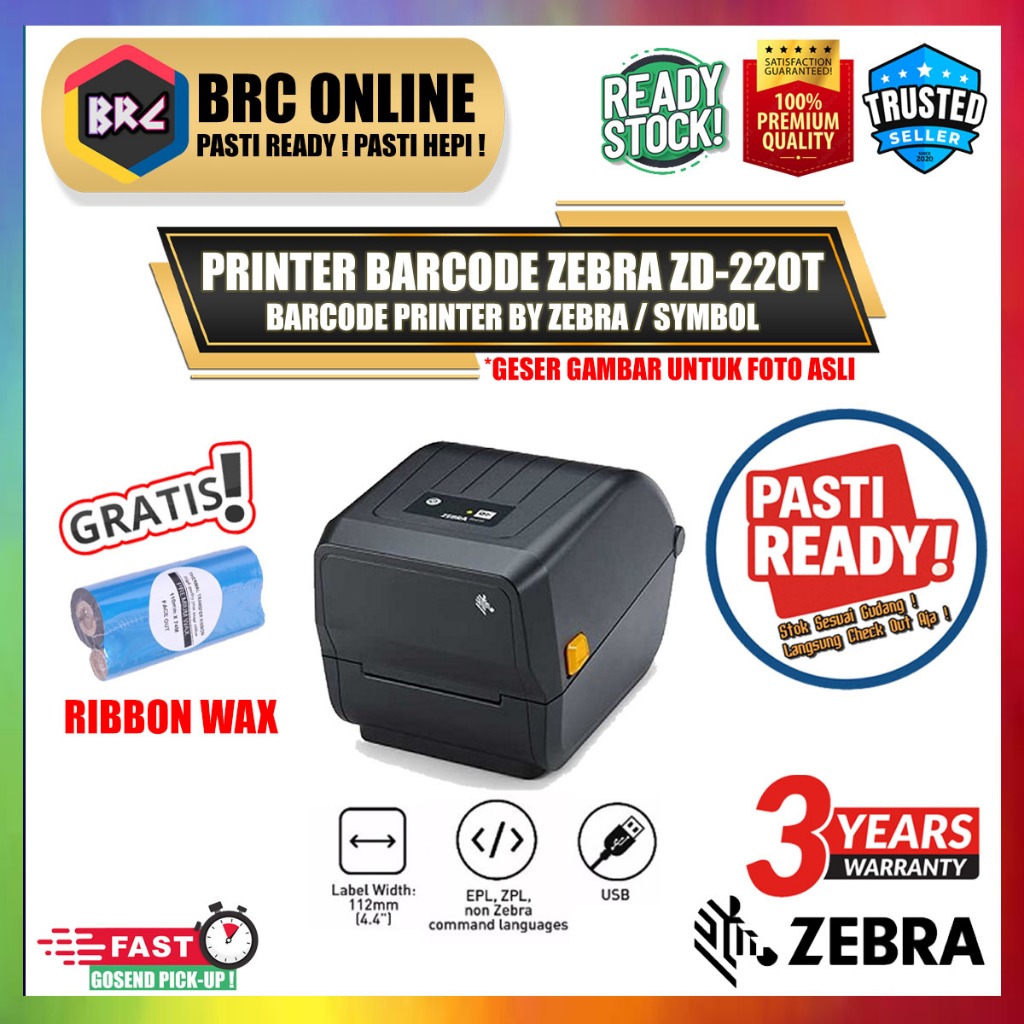 Printer Barcode Zebra Thermal Label ZD220T ZD 220T ZD-220T ZD220 ZD-220 Garansi Resmi Free Ribbon