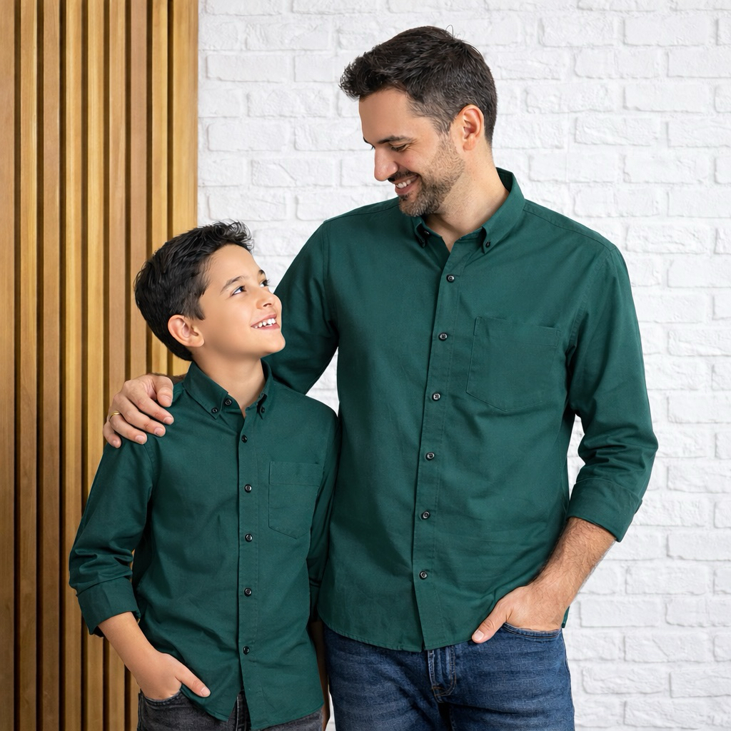 KEMEJA POLOS AYAH DAN ANAK PREMIUM WARNA EMERALD GREEN. KEMEJA COUPLE AYAH DAN ANAK WARNA EMERALD GR