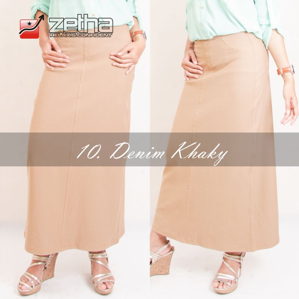 Rok Zetha Panjang Wanita Warna Denim Khaky | Rok Kerja Kantor | Rok Denim | Rok Model A - Line | Rok