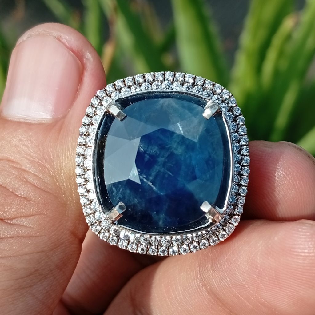 BigSize Blue Sapphire Madagaskar 19.8 ct Heat Only ring perak handmade microsetting