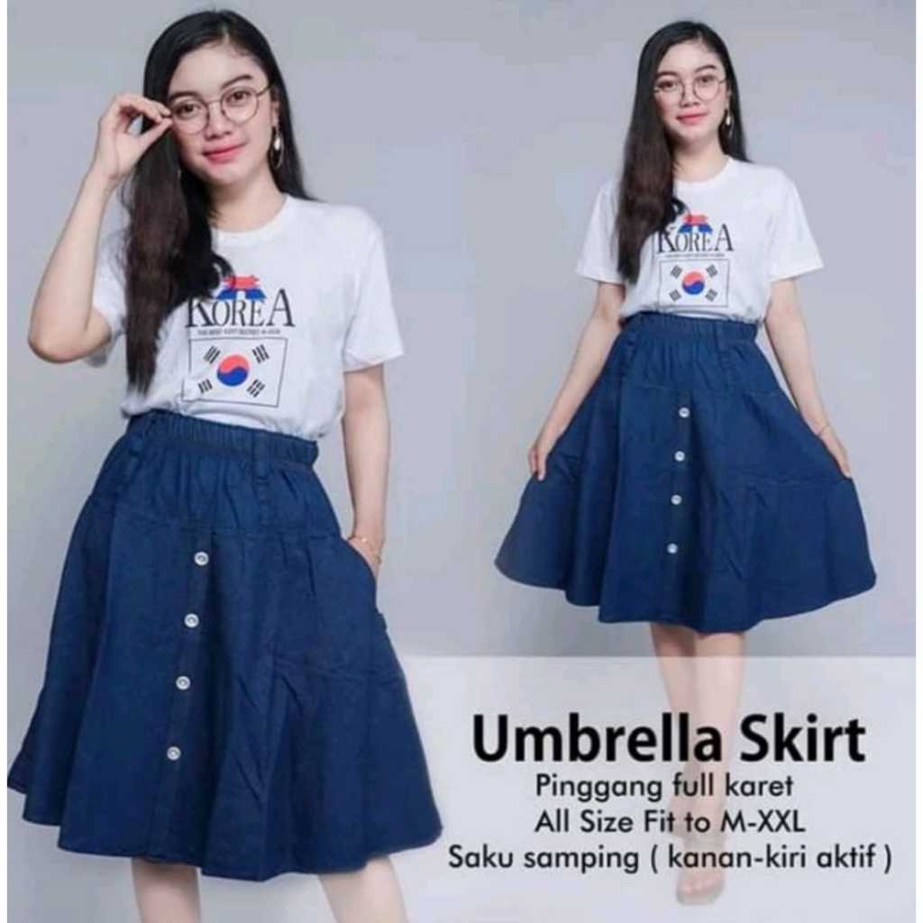 Rok Jeans Wanita Payung Pendek Dewasa Polos Berkancing & Motif