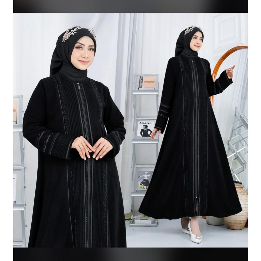 Gamis Syari Abaya Multazam Swarovski Jetblack Mewah