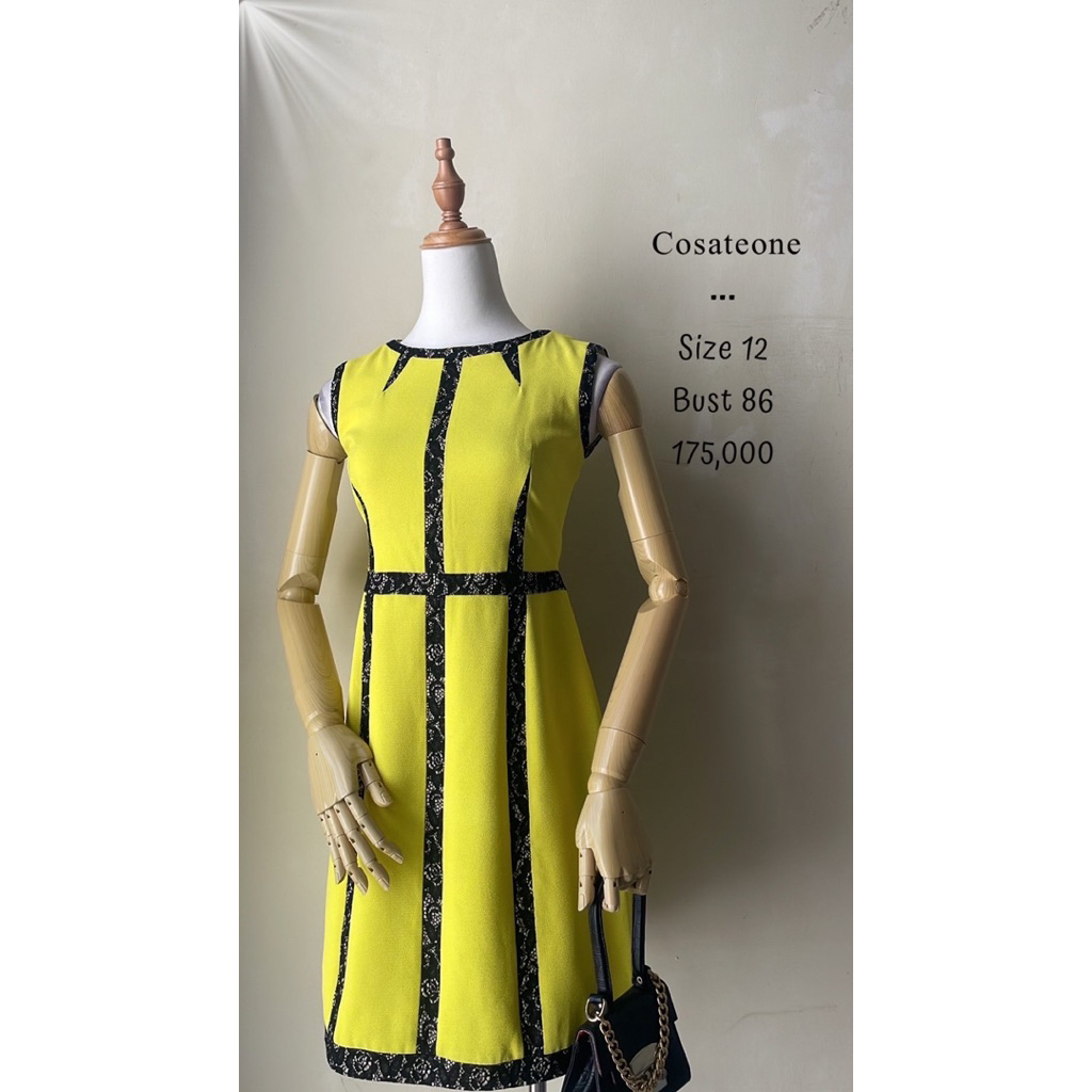 Mini dress kuning lime premium mix brukat brokat hitam cosateone murah mewah furing kutung sleeveles