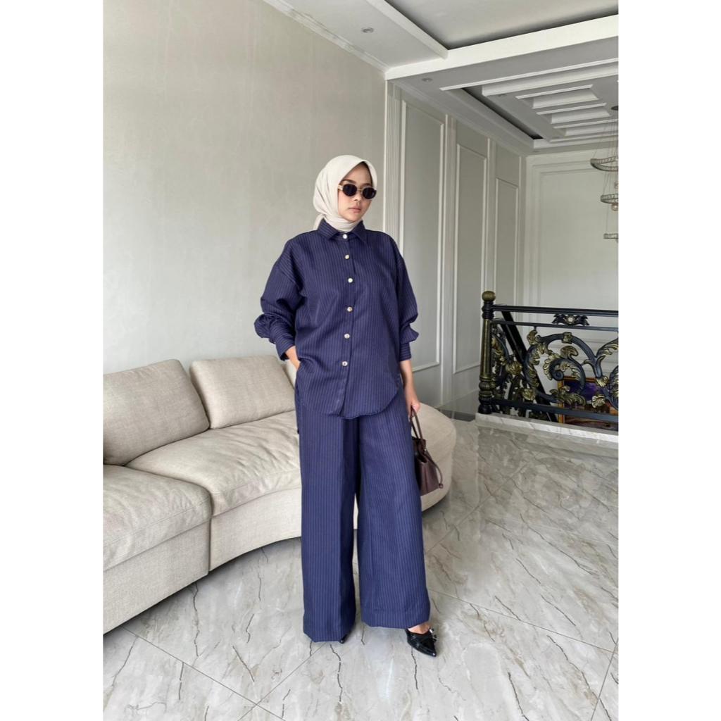 Set Kemeja Iranandha Outfit Set Oversize Salur Striped Setelan Kemeja Wanita Oversize Semiwool Katun