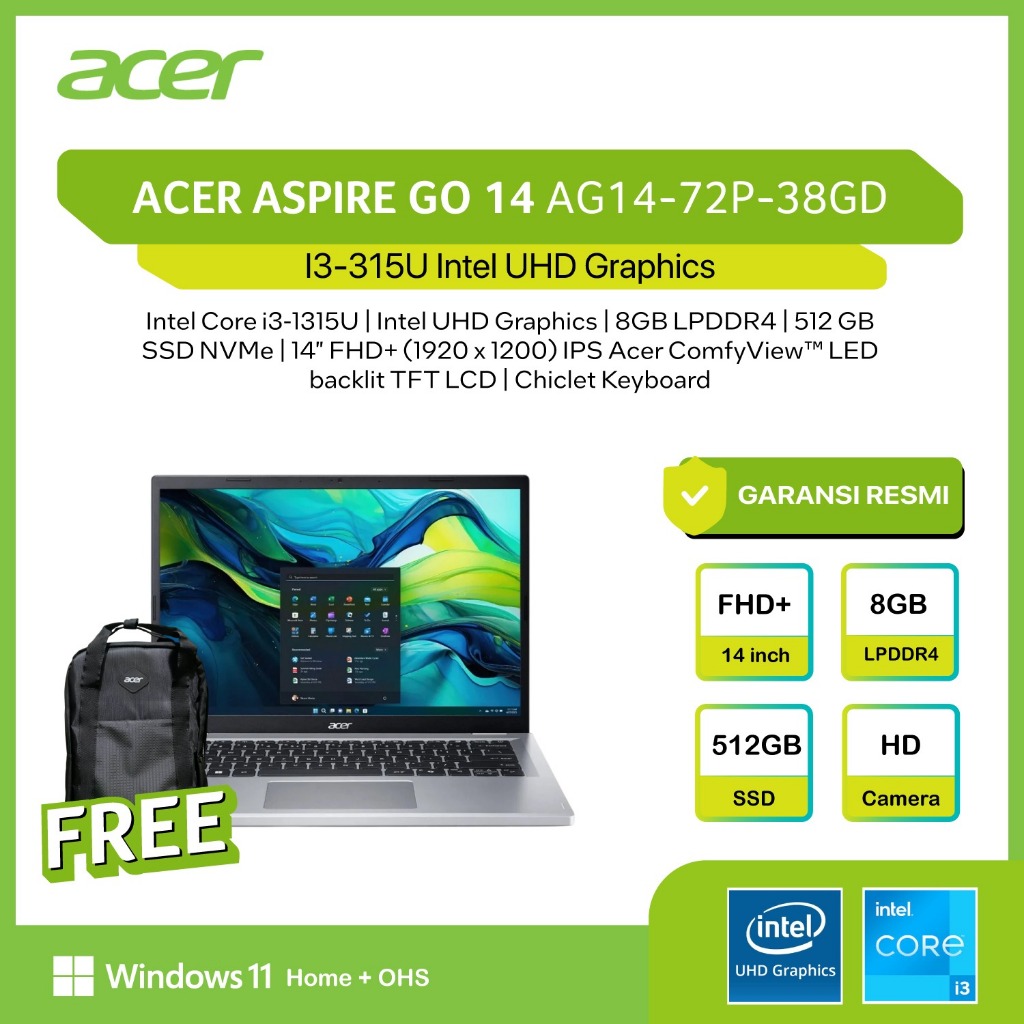 ACER ASPIRE GO 14 AG14 I3 1315 8GB 512GB W11+OHS+M365B 14.0WUXGA IPS SLV -72P.38GD 3161 33A7 38G2