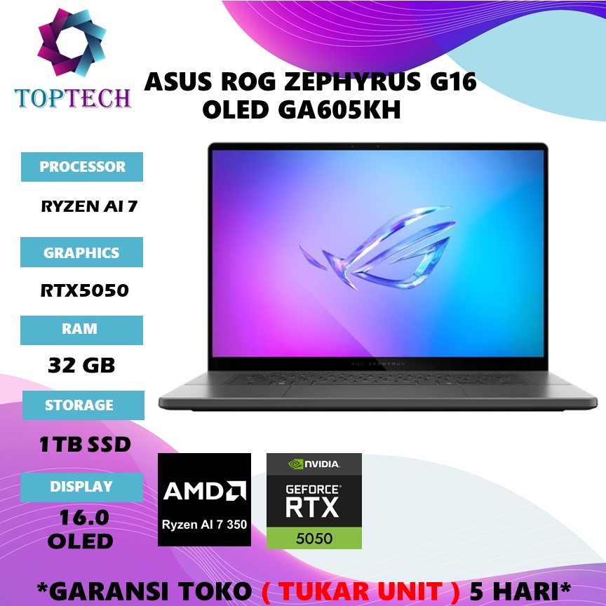 LAPTOP ASUS ROG ZEPHYRUS G16 OLED GA605KH RYZEN AI 7 350 RTX5050 8GB/ RAM 32GB SSD 1TB W11+OHS+M365B