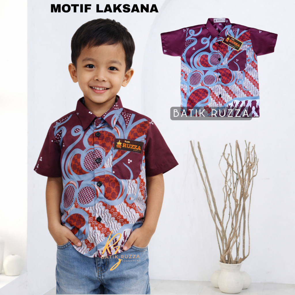 RUZZA Batik Anak Laki-laki Ukuran 0-14 Tahun Motif Modern Hitam Terracotta Hijau Merah Biru