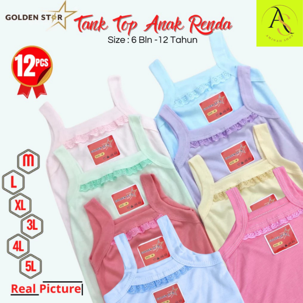 12 Pcs Tank top anak perempuan / tanktop anak lusinan golden Star / tengtop anak perempuan warna war