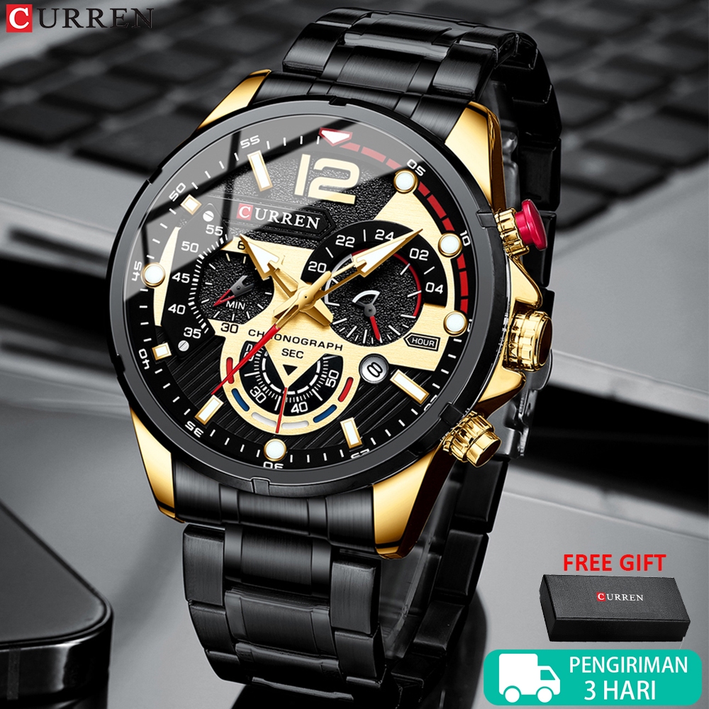 CURREN Jam Tangan Pria Anti Air Sport Quartz Chronograph Mewah Stainless Steel Jam Dengan Bercahaya 