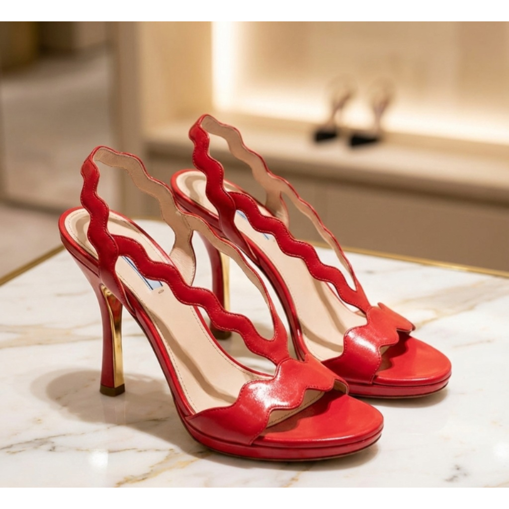 Sepatu wanita Red Wavy Glamour High Heels Prada Original