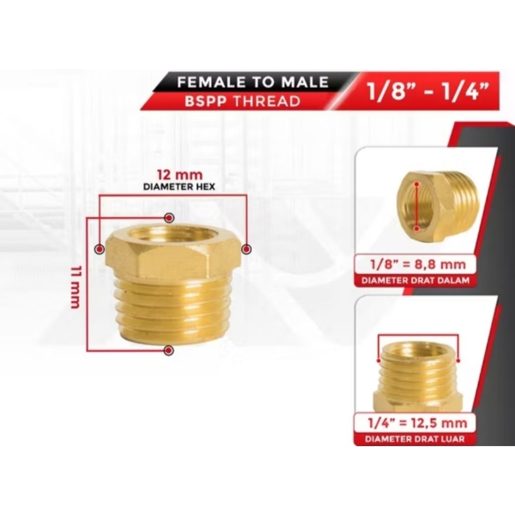 verlop ring drat luar 1/4 (13mm) x drat dalam 1/8 (9mm) kuningan