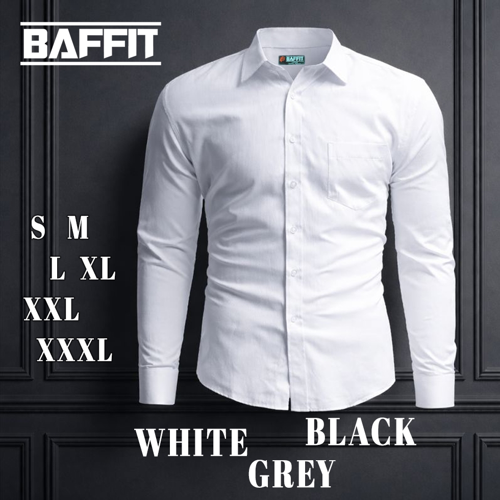 BAFFIT Original Kemeja Putih Pria Lengan Panjang Hitam Formal Abu Polos Hem Slimfit