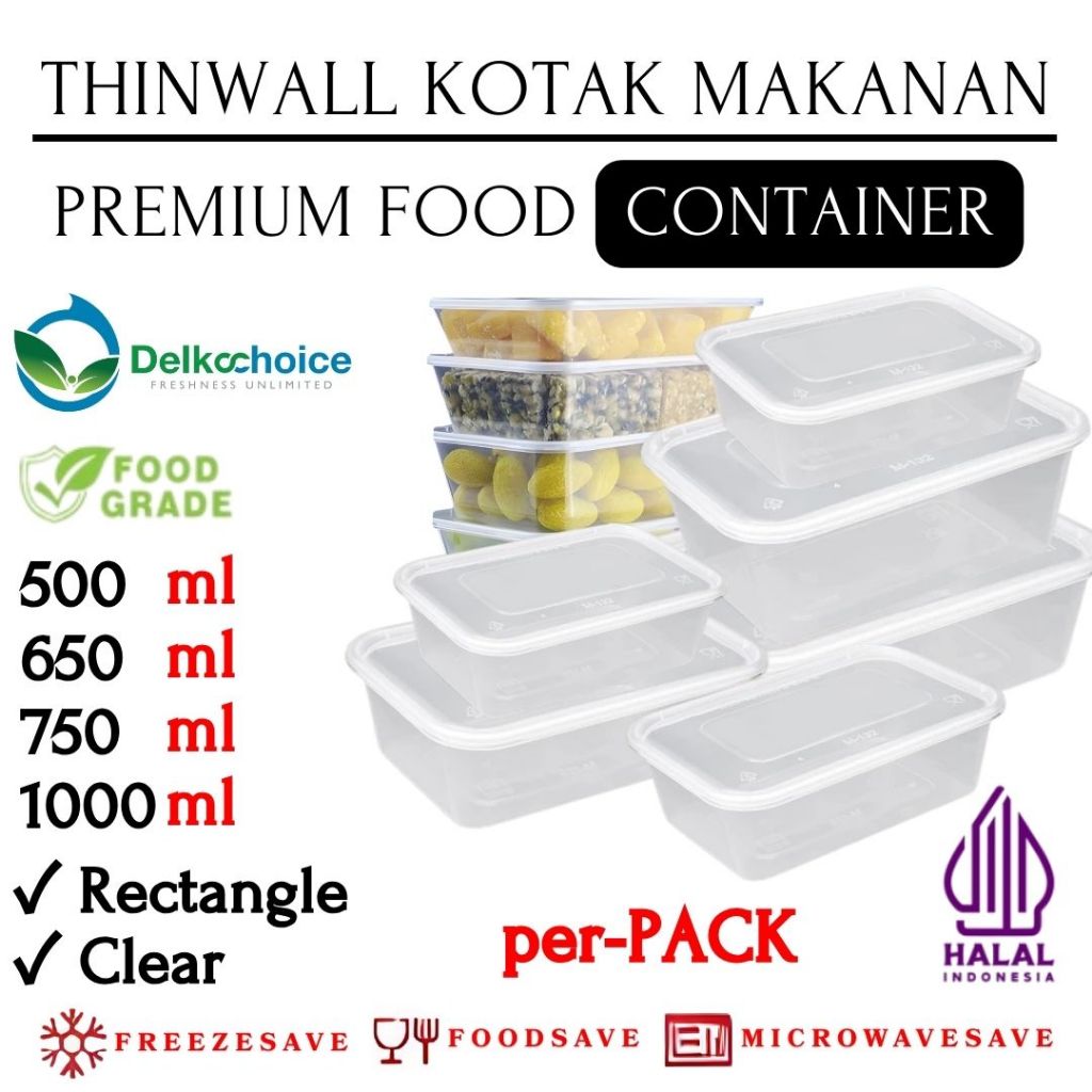 DELKOCHOICE THINWALL FOOD CONTAINER PUTIH BENING TEMPAT MAKANAN PLASTIK KOTAK PERSEGI
