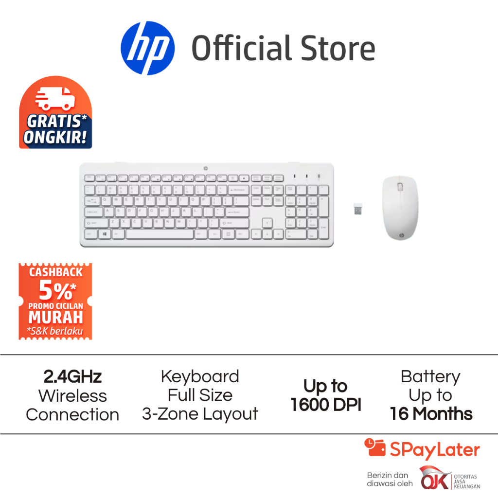 Mouse Wireless and Keyboard Combo HP 230 White 2.4 GHz Wireless Connection 1600 DPI Garansi 1 Tahun 