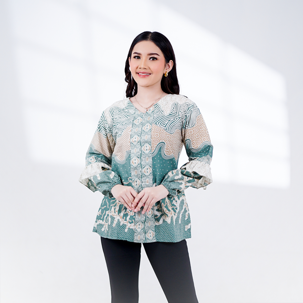BATIK TRUSMI Atasan Wanita Blouse Batik Abstrak Kombinasi Bahama Warna Hijau MOP