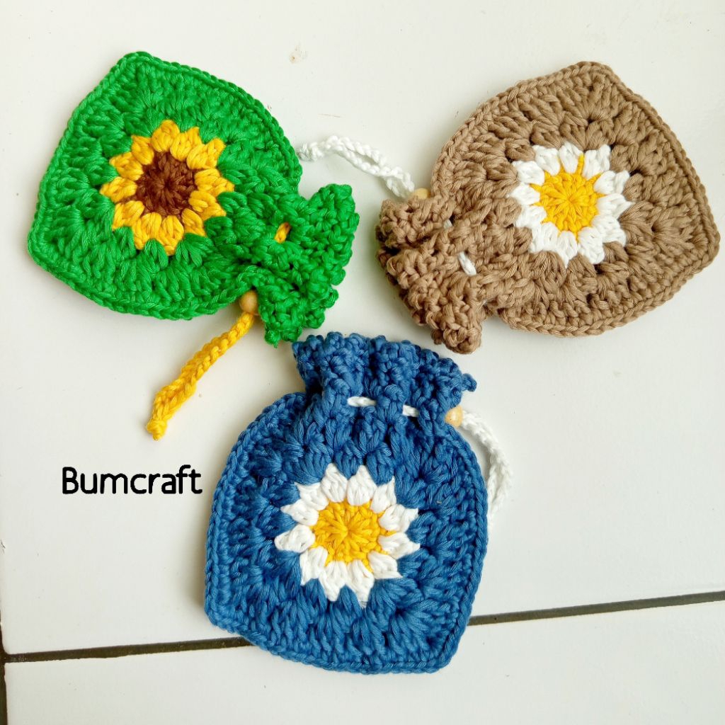 Pouch rajut bunga daisy bunga matahari Dompet koin rajut serut, pouch rajut, amplop lebaran