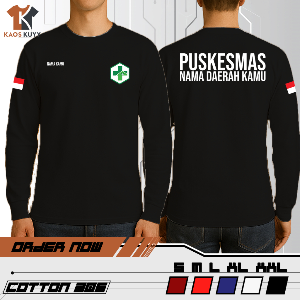 Kaos Baju Lengan Panjang Distro Logo Puskesmas Bidan Dokter Gratis Tulis Nama Kamu Sablon DTF Cotton