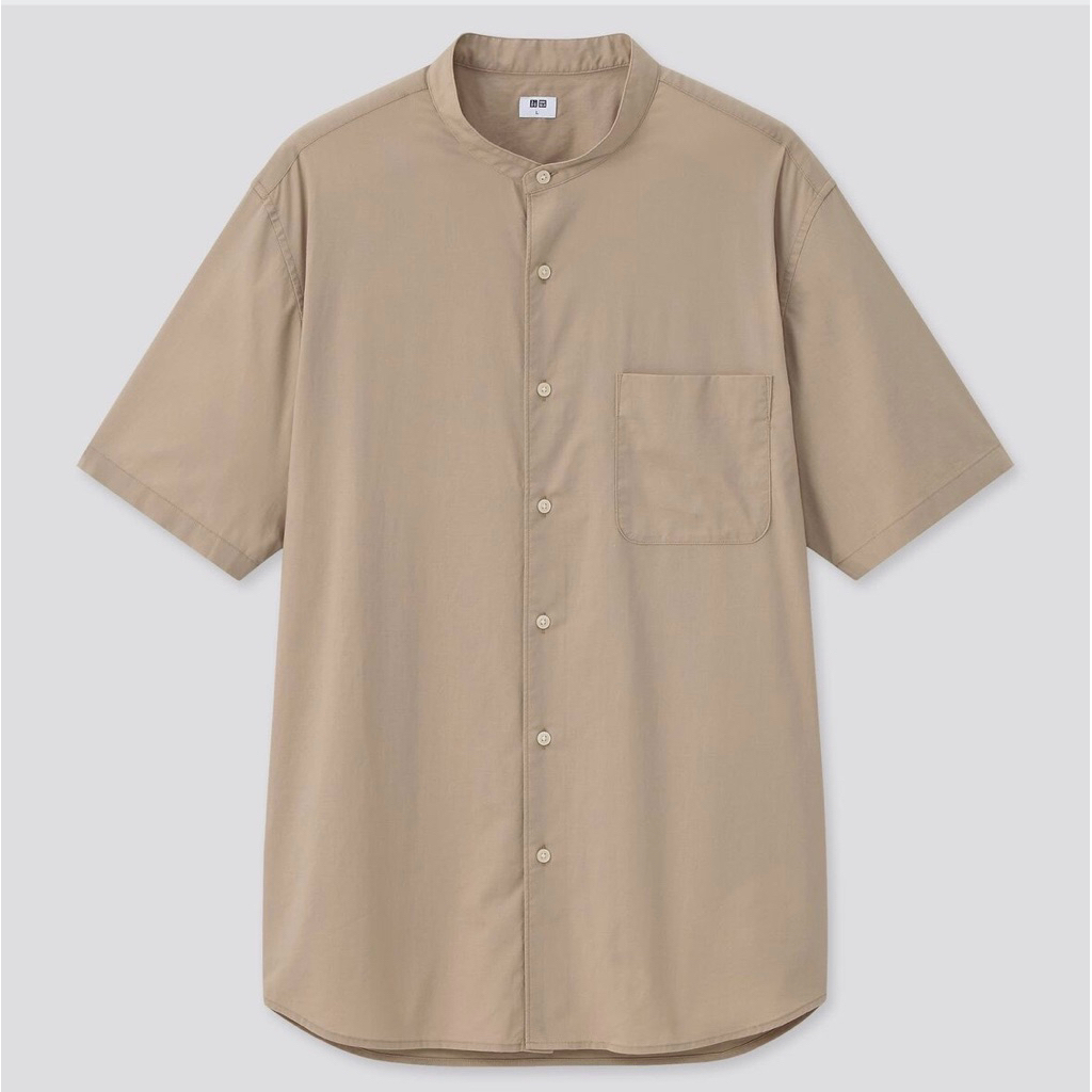 Uniqlo Kemeja Kerah Sanghai Pria Lengan Pendek - Earth Tone Series - Beige Khaki Original - Baju Kok