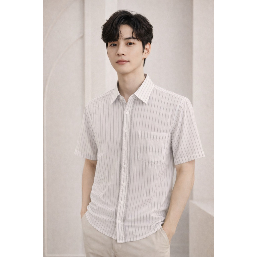 White stripe men shirt kemeja pria casual garis-garis