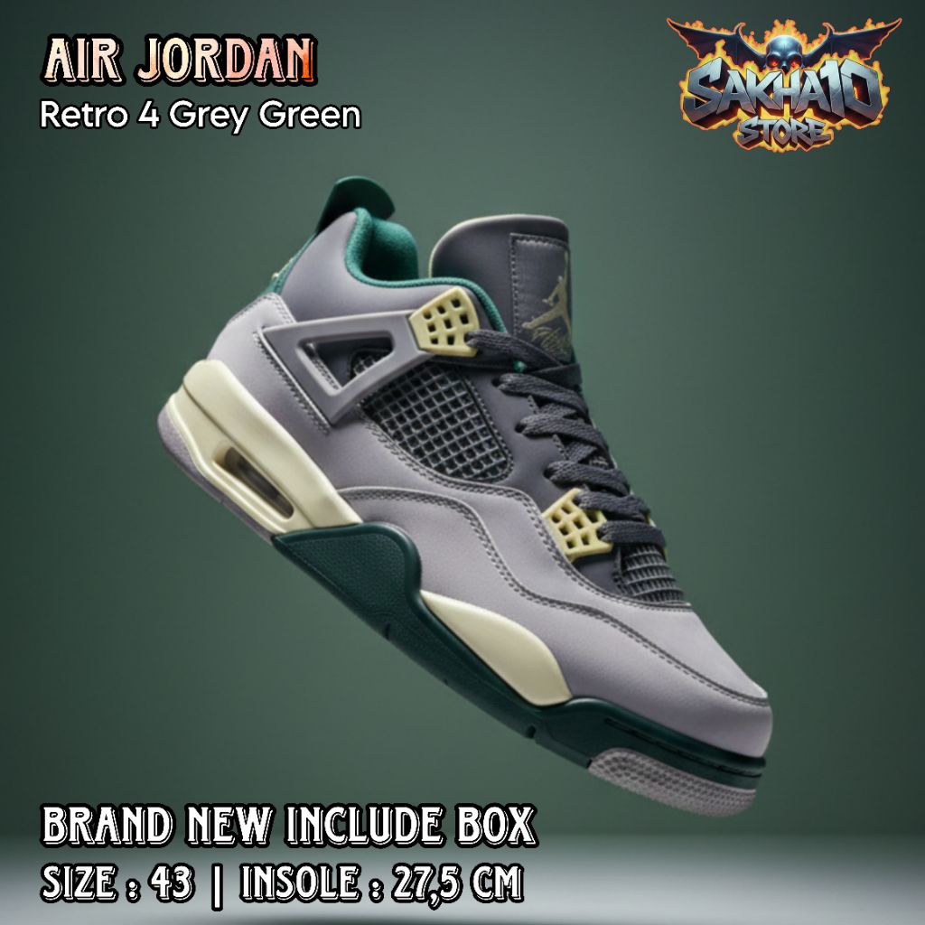 SEPATU SNEAKERS PRIA/WANITA UNISEX CASUAL/SANTAI/BASKET AR J0RD4N RETRO 4 GREY GREEN