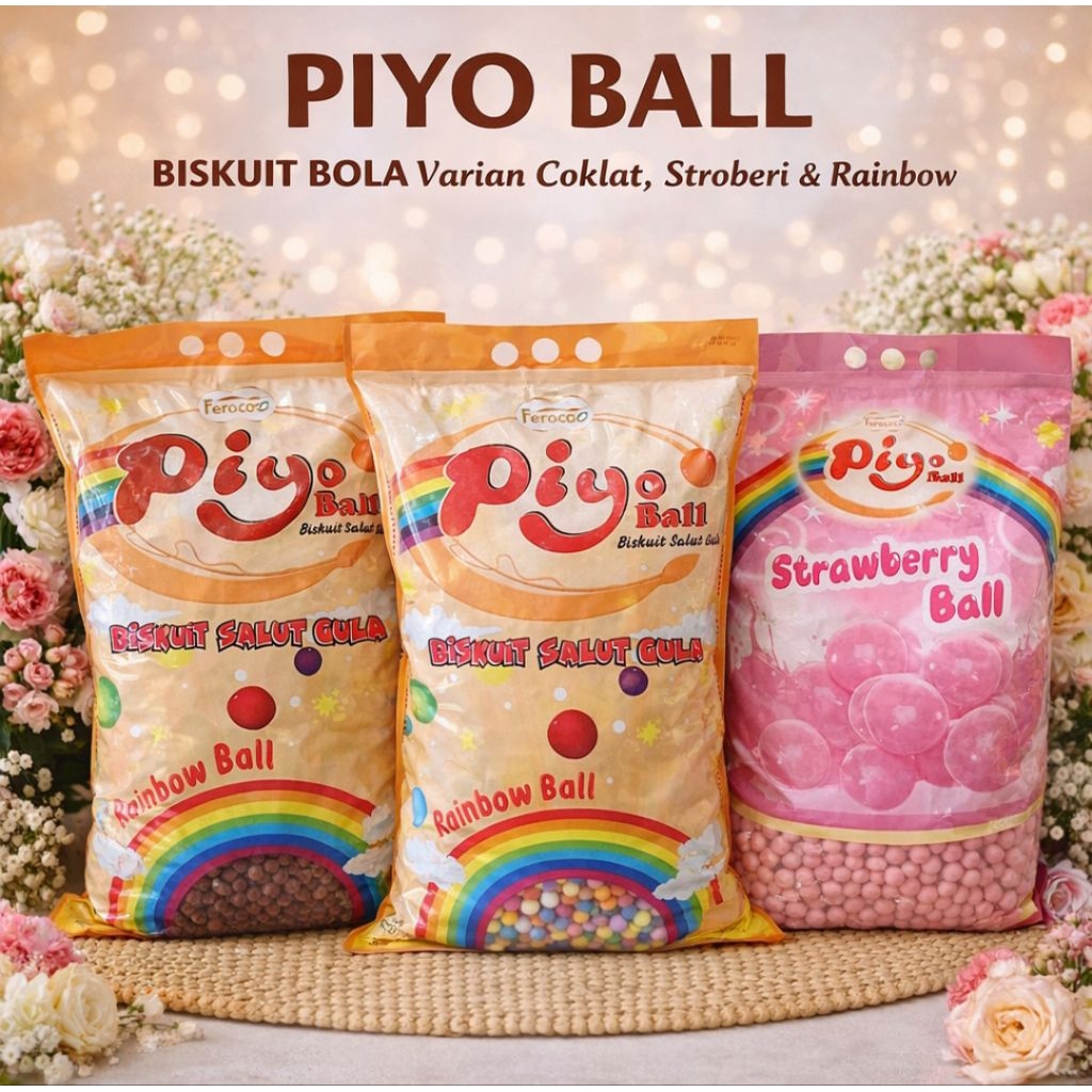 PIYO BALL BISKUIT BOLA VARIAN PELANGI / COKLAT / STROBERI 500GR