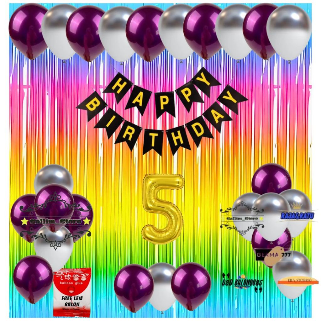 Paket Dekorasi Ulang Tahun Anak Dewasa Balon Ungu Mix Silver Tirai Ukuran 2x1M Party Ultah Simple