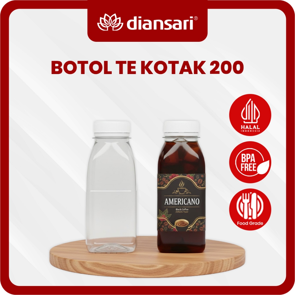 Botol TE Kotak 200 ml - Botol Plastik Tebal Neck 38 + Tutup 200 ml - Diansari