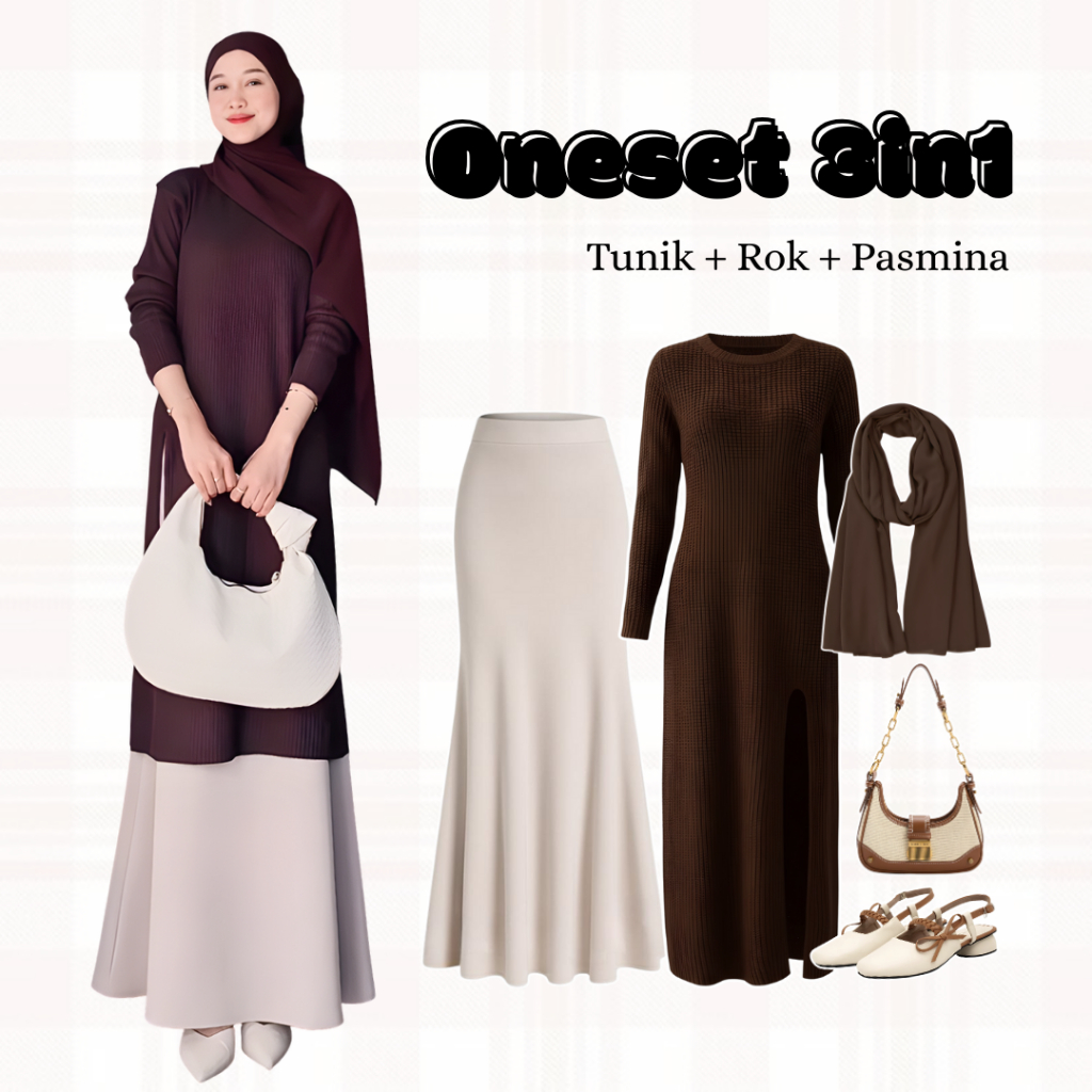 One Set 3in1 Atasan Tunik Rok Duyung Pasmina Jersey | Outfit cewek perempuan wanita Hangout Lebaran 
