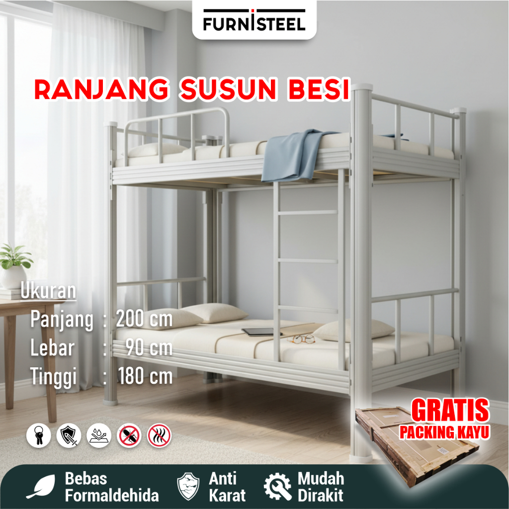 Ranjang Susun Besi Kokoh - Dipan Kasur 2 Susun Minimalis Untuk Kamar Anak Kost Mess - FURNISTEEL