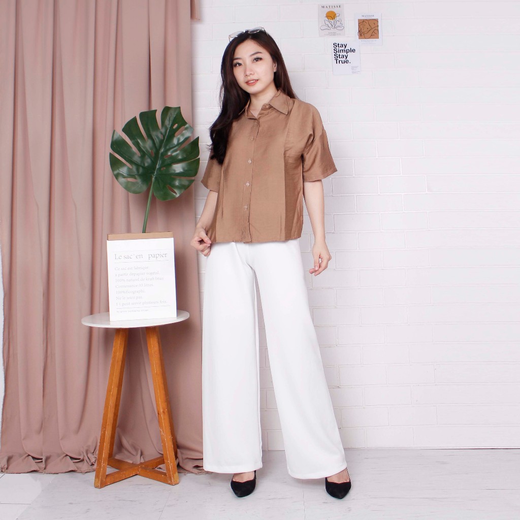 Kemeja Wanita Linen Polos Yerin Lengan Pendek / Baju Kerja Wanita / Atasan Wanita Kemeja Kerja