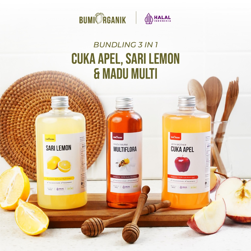 PAKET 3 IN 1 SARI LEMON CUKA APEL & MADU MULTIFLORA / HUTAN BUMI ORGANIK UNTUK DIET WAJAH LAMBUNG OR