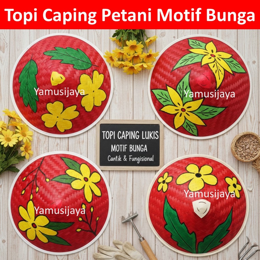 Caping Petani Anak - Topi Caping Lukis Bunga - Caping Bambu Motif Unik FREE Tali Dagu