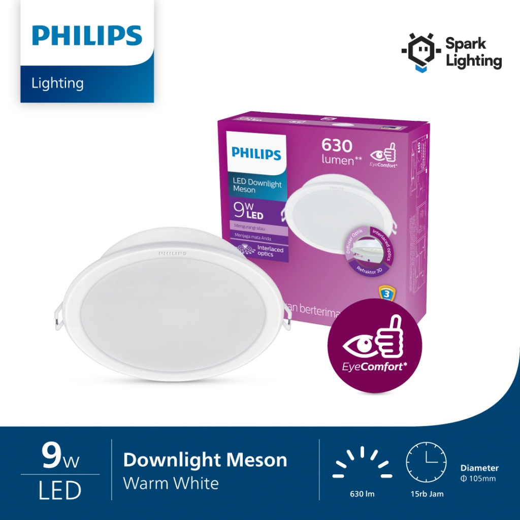 Lampu Plafon Philips 9W 9 Watt Downlight Meson - Cahaya Putih/Kuning/Semi-Putih