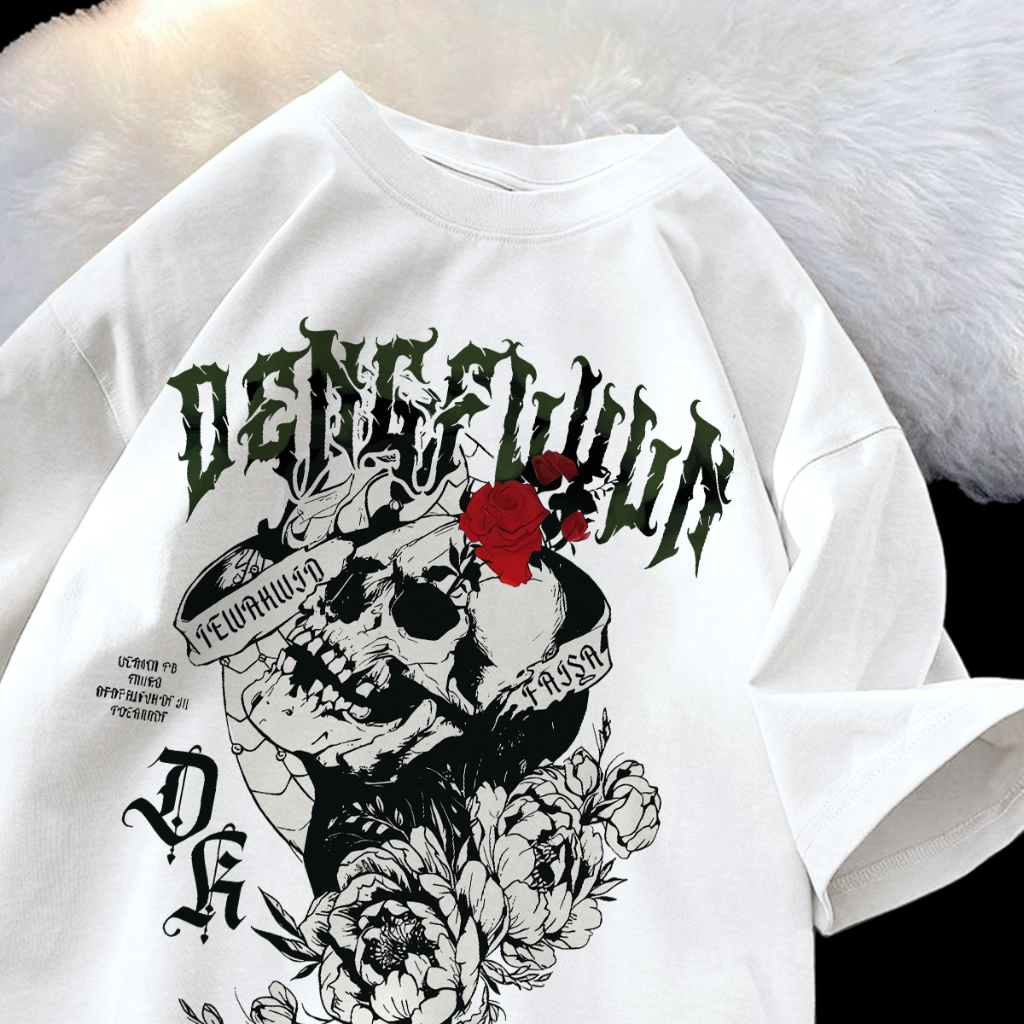 Fashion Kaos Oversize Wanita | Retro skull  Pattern Print | Unisex Tee Putih | Baju Model Sekarang T