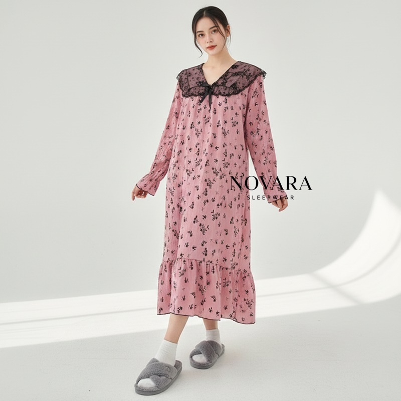 NOVARA Daster Wanita Cotton Spandek Terbaru Lengan Panjang | Daster Motif Bohemian Casual Lengan Pan