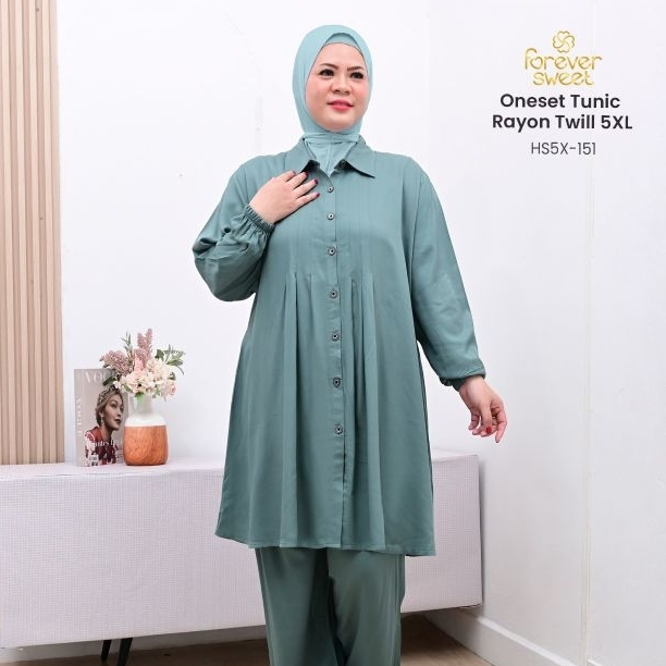Oneset Piyama Babydoll 5XL- Super Jumbo Tunik Tangan Panjang Celana Panjang Rayon Twill | Forever Sw